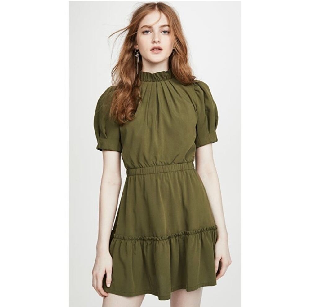 Alice + Olivia Vida Olive Green Puff Sleeve Mock Neck Mini Dress Sz 0 Romantic